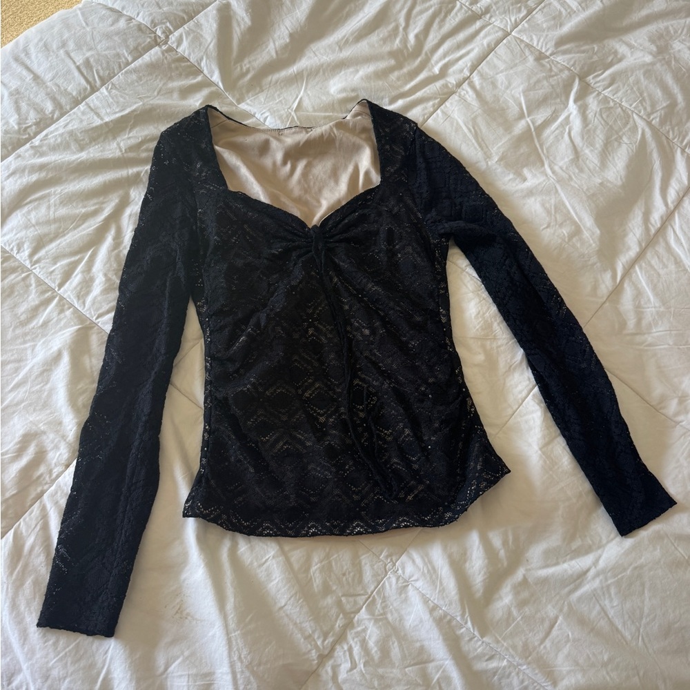 Ember Black Lace Long Sleeve Top - Sweetheart Neckline & Nude Lining - Size S